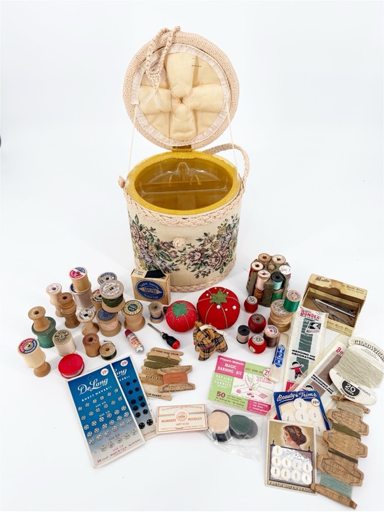 Vintage Other - Vintage Tapestry Sewing Basket Full of Vintage Sewing Supplies